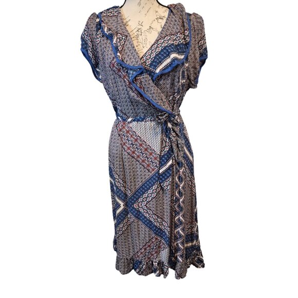Papillon Patchwork Midi Dress Lg Wrap Ruffles Dark Cottagecore Fall Autumn Boho - Picture 1 of 10
